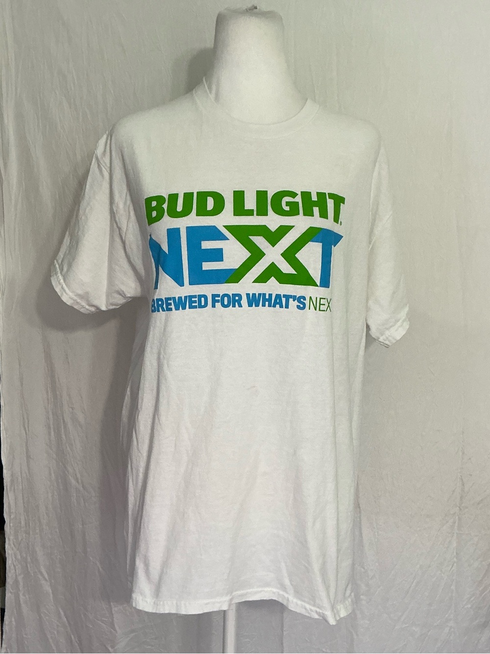 Gildan White Tee with Green and Blue 'Bud Light NEXT' Graphic